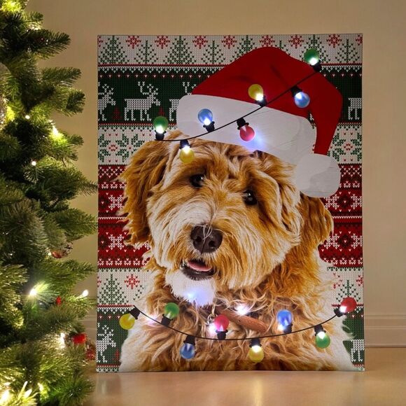 LED Christmas Dog Labradoodle Light-Up Canvas Picture Wall Art Decor 15x19" - Picture 13 of 13